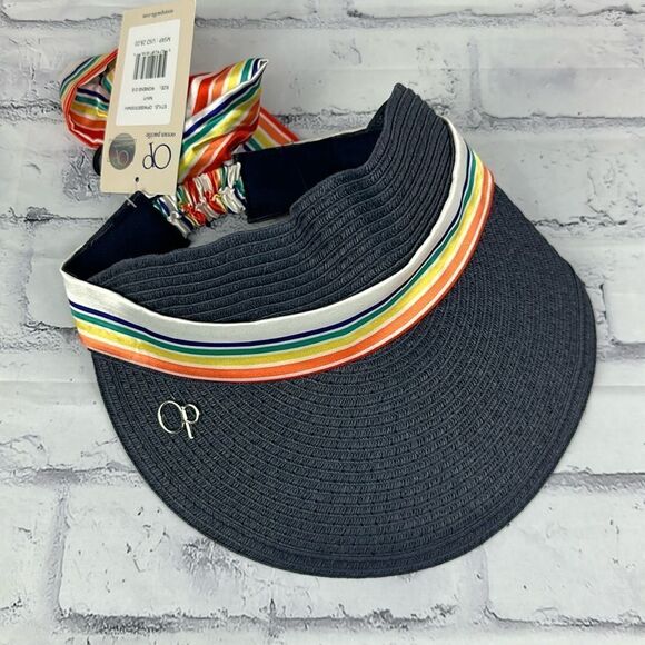 OP STRAW VISOR RIBBON TIE BACK STRIPE SUN HAT BEACH POOL GARDEN OCEAN PACIFIC - Picture 1 of 5